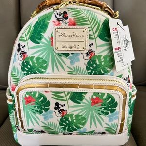 Loungefly Mickey & Minnie Tropical Tiki print purse w/ faux bamboo handle.